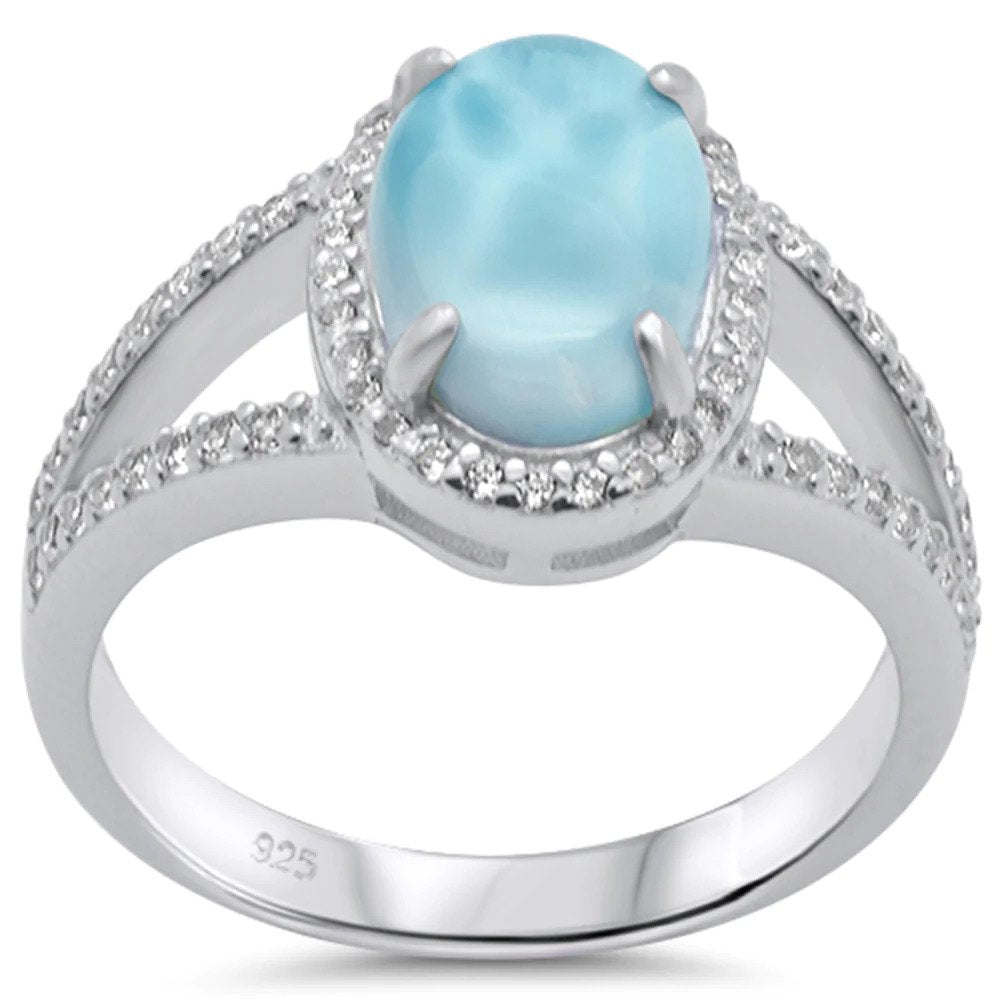 Sterling Silver Oval Natural Larimar And Cubic Zirconia Halo Ring