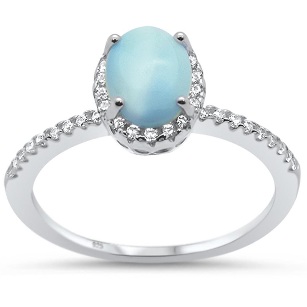 Sterling Silver Natural Oval Larimar And Cubic Zirconia Engagement Ring