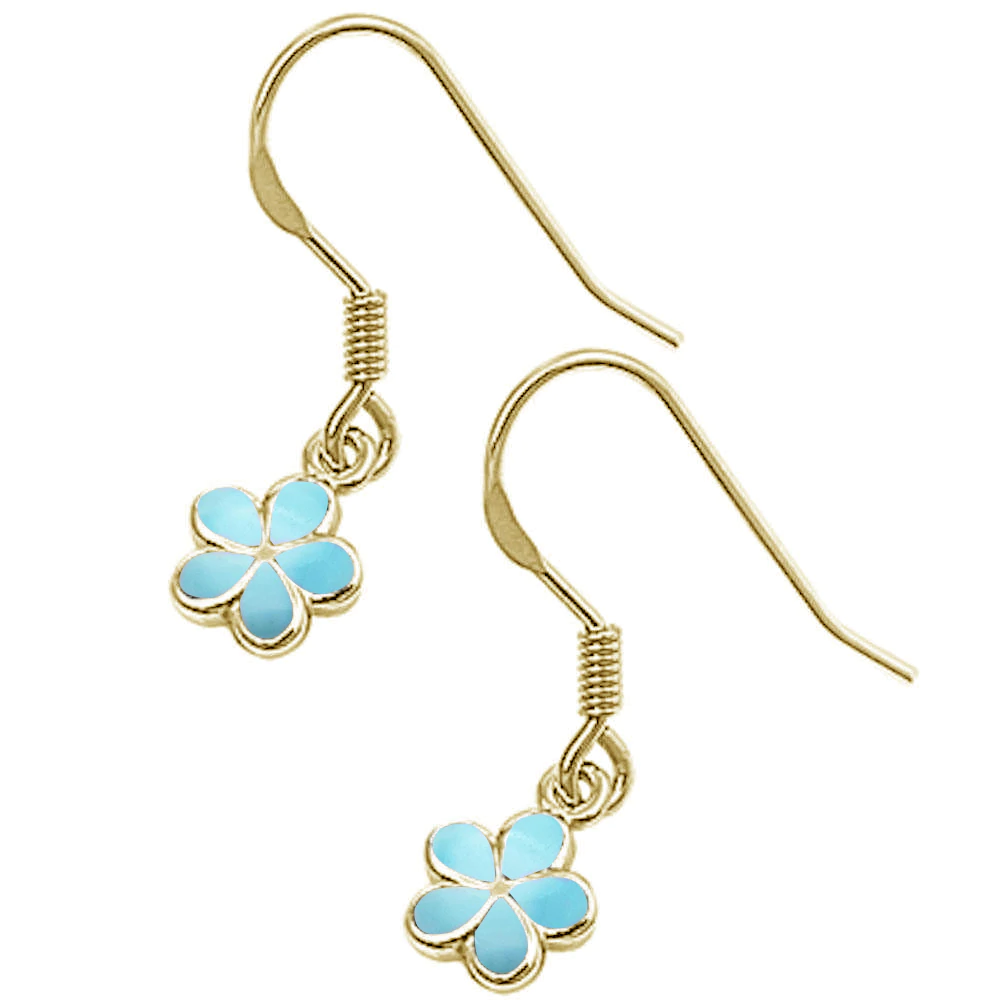 Sterling Silver Yellow Gold Plated Natural Larimar Plumeria Earrings