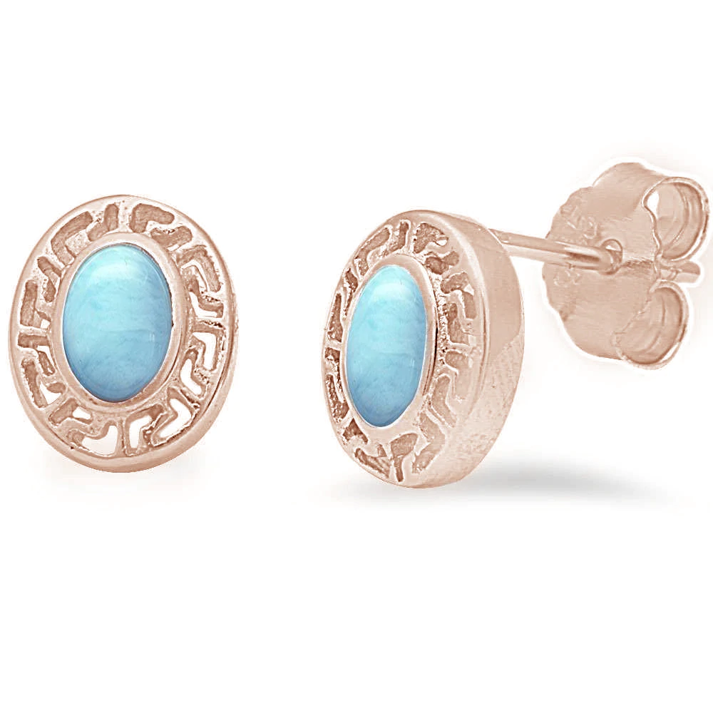 Sterling Silver Rose Gold Plated Oval Stud Natural Larimar Earrings