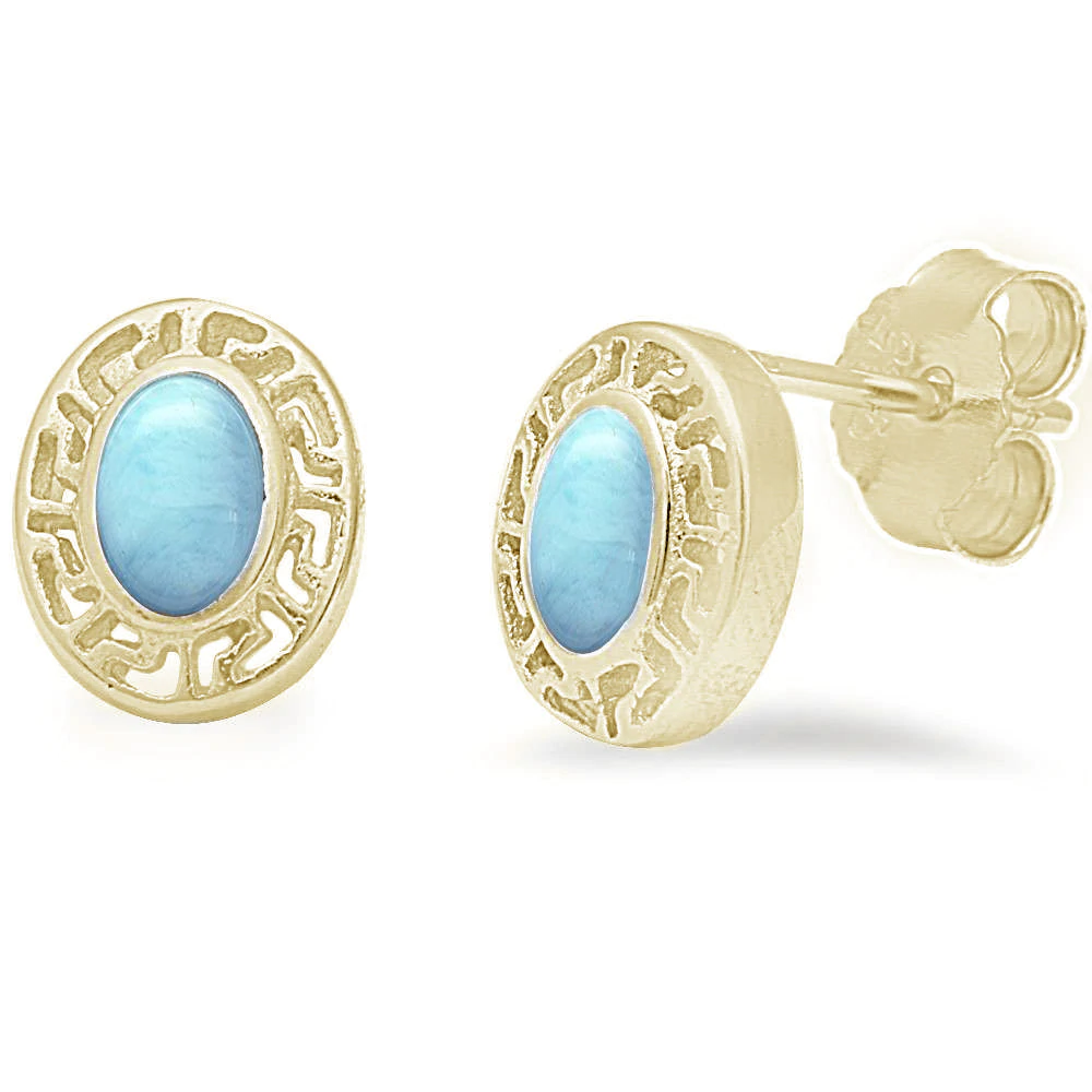 Sterling Silver Yellow Gold Plated Oval Stud Natural Larimar Earrings