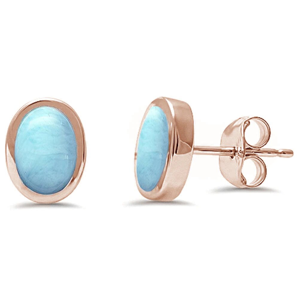 Sterling Silver Rose Gold Plated Oval Shape Natural Larimar Earrings