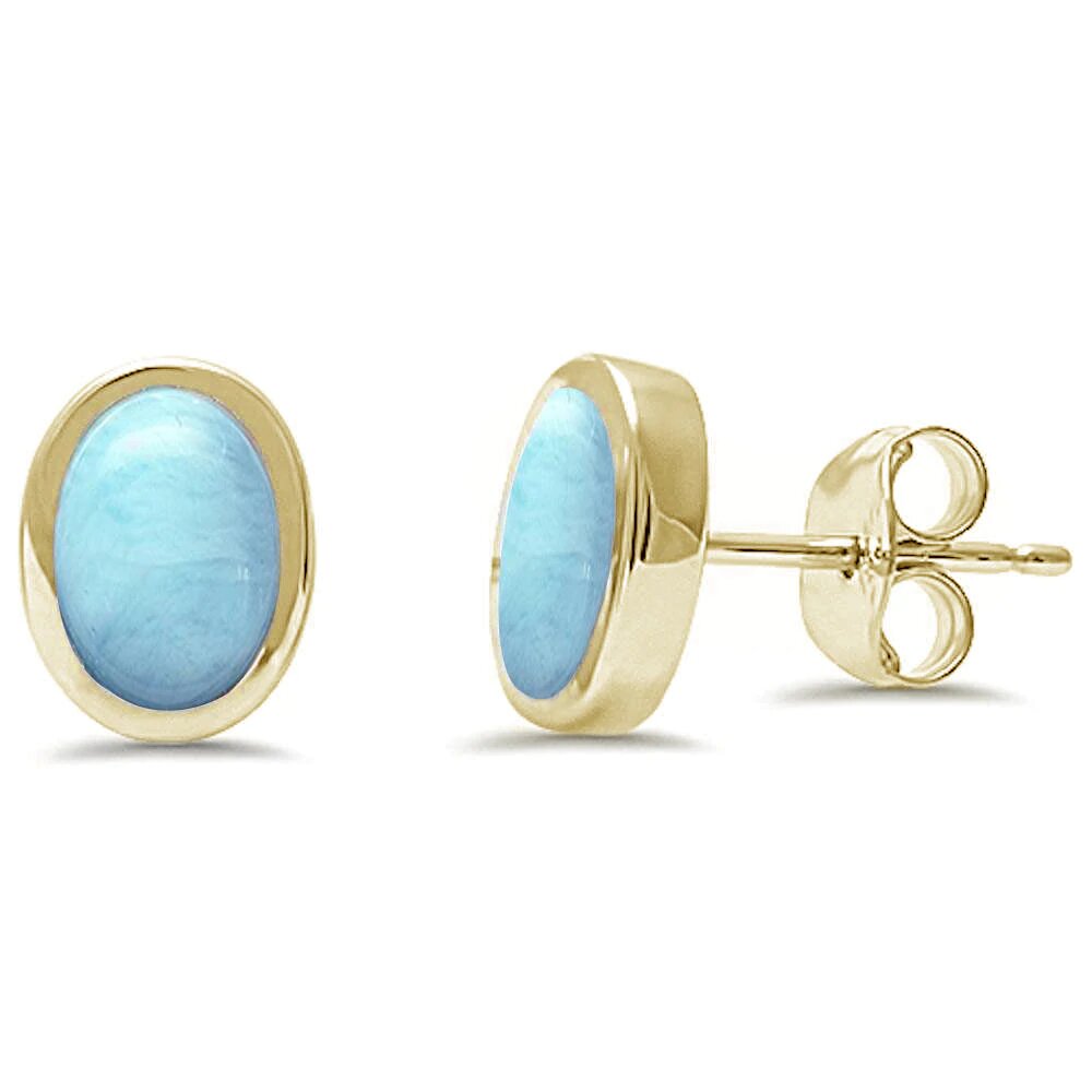 Sterling Silver Yellow Gold Plated Oval Shape Natural Larimar Earrings