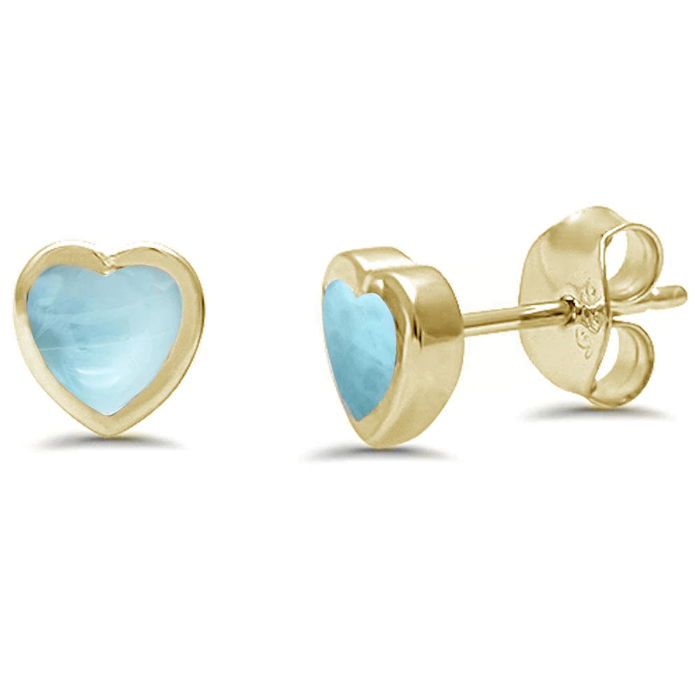 Sterling Silver Yellow Gold Plated Heart shape Natural Larimar Stud Earrings