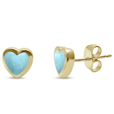 Sterling Silver Yellow Gold Plated Heart Shape Stud Natural Larimar Earrings