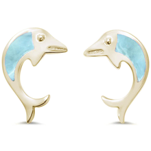 Load image into Gallery viewer, Sterling Silver Yellow Gold Plated Dolphin Natural Larimar Earrings