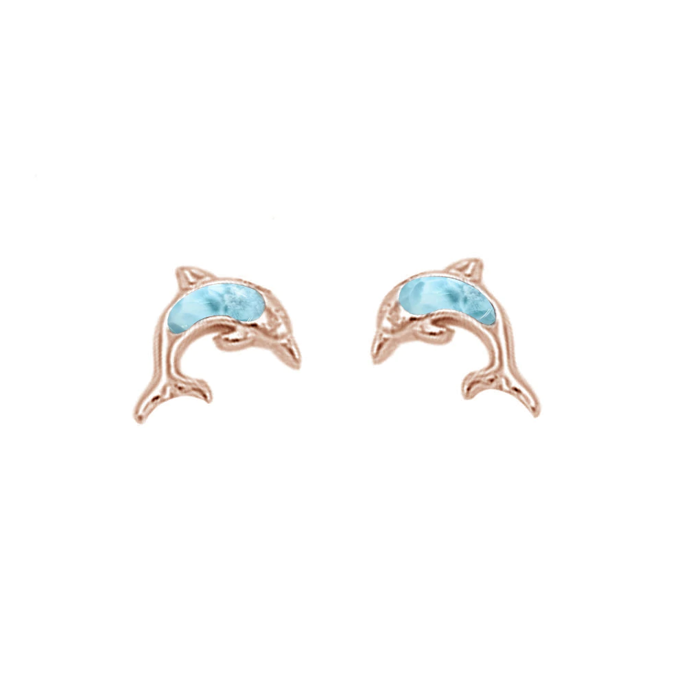 Sterling Silver Rose Gold Plated Dolphin Stud Natural Larimar Earrings