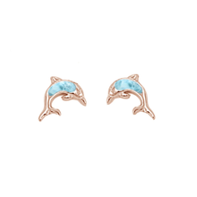 Load image into Gallery viewer, Sterling Silver Rose Gold Plated Dolphin Stud Natural Larimar Earrings