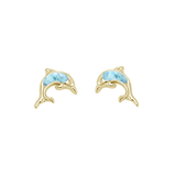 Sterling Silver Yellow Gold Plated Dolphin Stud Natural Larimar Earrings