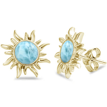 Load image into Gallery viewer, Sterling Silver Yellow Gold Plated Sun Natural Larimar Earrings