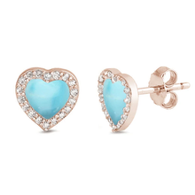 Load image into Gallery viewer, Sterling Silver Rose Gold Plated Natural Larimar and Cz Heart Stud Earrings