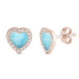 Sterling Silver Rose Gold Plated Natural Larimar and Cz Heart Stud Earrings