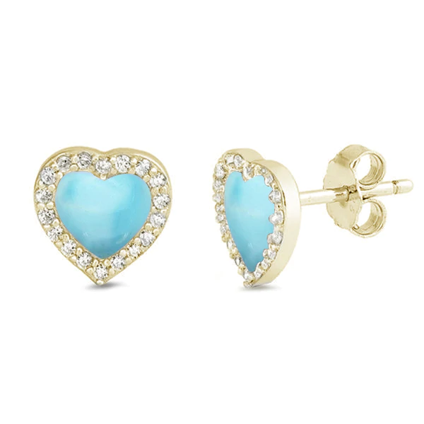 Sterling Silver Yellow Gold Plated Natural Larimar and Cz Heart Stud Earrings