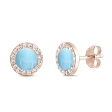 Load image into Gallery viewer, Sterling Silver Rose Gold Plated Natural Larimar and Cz Stud Halo Earrings