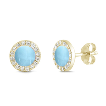 Load image into Gallery viewer, Sterling Silver Yellow Gold Plated Natural Larimar and Cz Stud Halo Earrings