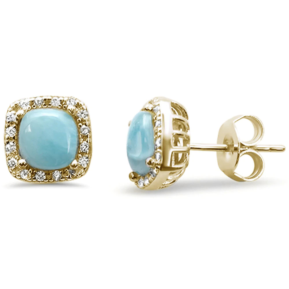 Sterling Silver Yellow Gold Plated Cushion Shape Natural Larimar Earrings