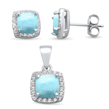 Load image into Gallery viewer, Sterling Silver Cushion Cut Larimar and Cubic Zirconia Pendant and Earring Set