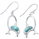 Sterling Silver Natural Larimar Dolphins Jumping Hoops Drop Dangle Earrings