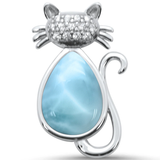 Sterling Silver Natural Larimar and Cz Cat Pendant