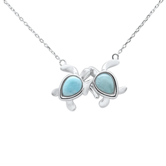 Sterling Silver Natural Larimar Two Turtles Love Friendship Necklace