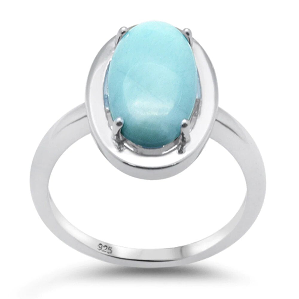 Sterling Silver Oval Natural Larimar and CZ Ring
