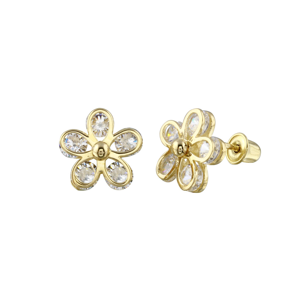 14K Yellow Gold Flower CZ Earrings
