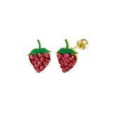 14K Yellow Gold Red Enamel Strawberry CZ Earrings