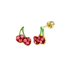 Load image into Gallery viewer, 14K Yellow Gold Red Enamel Cherry CZ Earrings