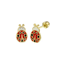 Load image into Gallery viewer, 14K Yellow Gold Red Enamel Bee Earrings