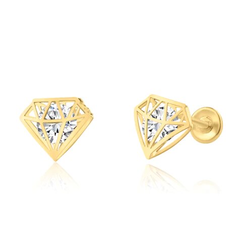 14K Yellow Gold CZ Diamond Design Screw Back Earrings
