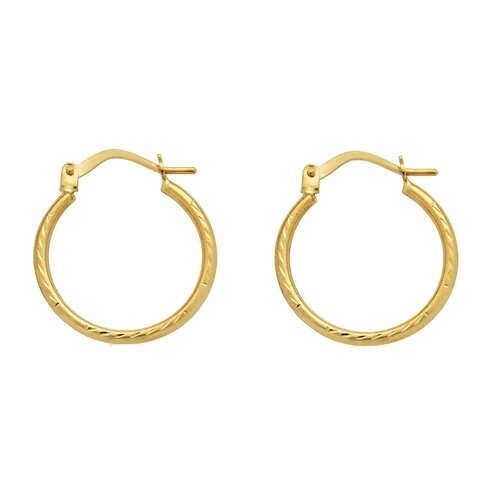 14K Yellow Gold Diamond Cut Textured Hoop Latch Lock Earrings