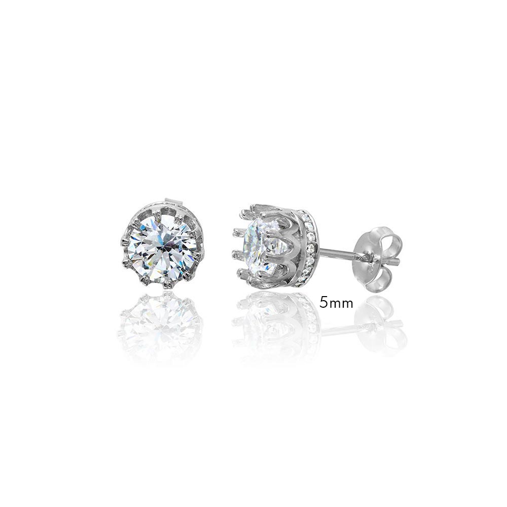 Sterling Silver Rhodium Plated Round Crown Basket Clear CZ Stud 5mm Earrings