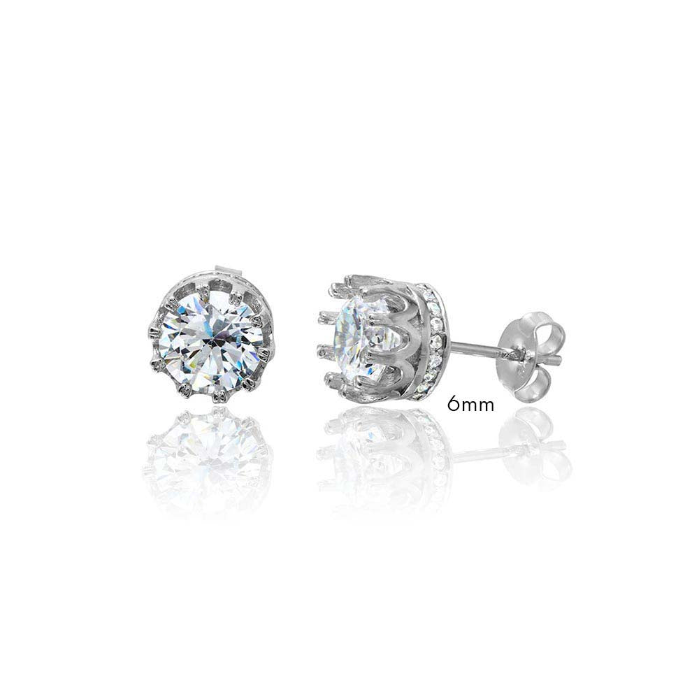 Sterling Silver Rhodium Plated Round Crown Basket Clear CZ Stud 6mm Earrings