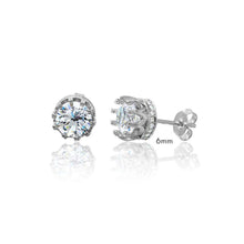 Load image into Gallery viewer, Sterling Silver Rhodium Plated Round Crown Basket Clear CZ Stud 6mm Earrings