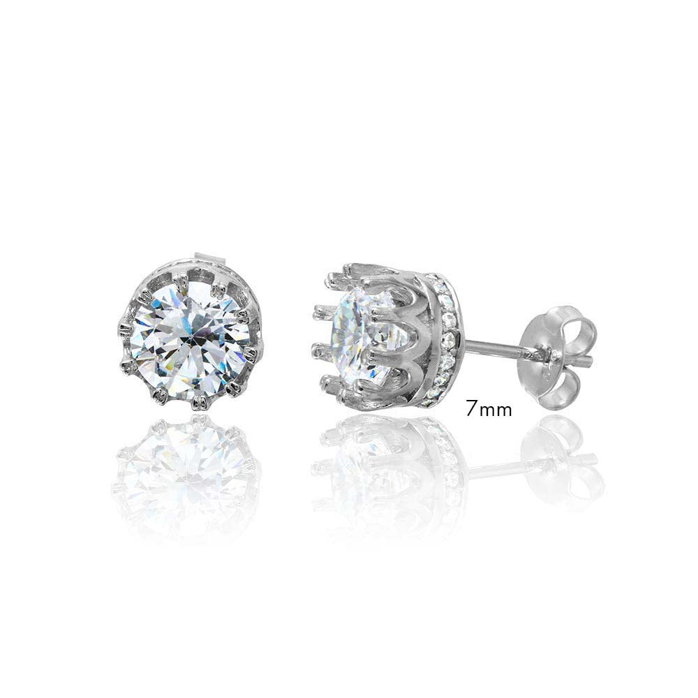 Sterling Silver Rhodium Plated Round Crown Basket Clear CZ Stud 7mm Earrings