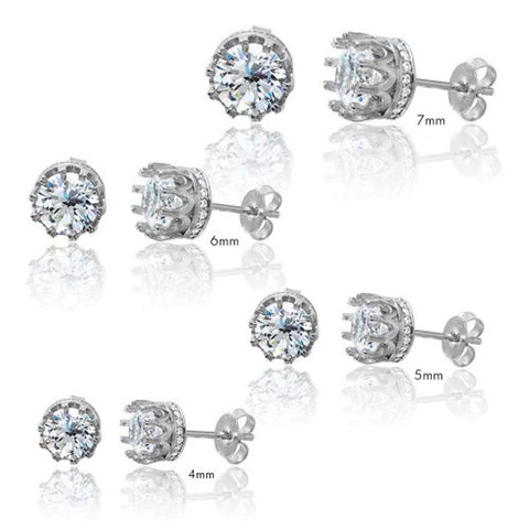 Sterling Silver Rhodium Plated Round Crown Basket Clear CZ Stud 4mm Earrings