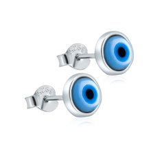 Load image into Gallery viewer, Sterling Silver Rhodium Plated Round Evil Eye Mother Of Pearl Stud Earrings