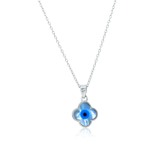 Sterling Silver Rhodium Plated Flower Evil Eye Mother Of Pearl Necklace