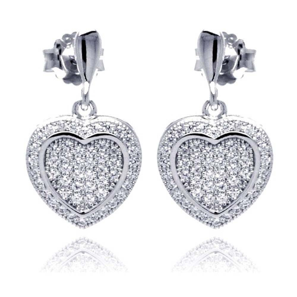 Sterling Silver Rhodium Plated Micro Pave Heart Clear CZ Dangling Stud Earrings