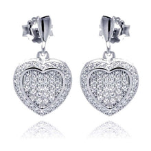 Load image into Gallery viewer, Sterling Silver Rhodium Plated Micro Pave Heart Clear CZ Dangling Stud Earrings