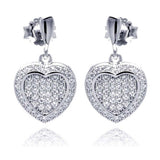 Sterling Silver Rhodium Plated Micro Pave Heart Clear CZ Dangling Stud Earrings