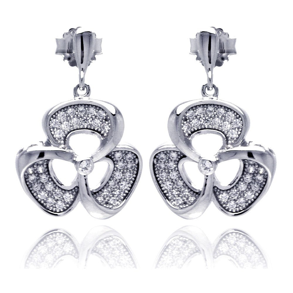 Sterling Silver Rhodium Plated Micro Pave Flower Dangling Shaped Stud Earring With CZ Stones