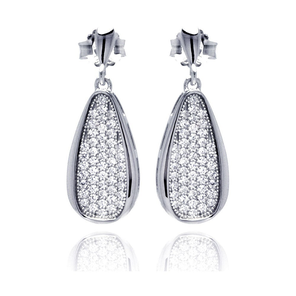 Sterling Silver Rhodium Plated Micro Pave Clear Teardrop Dangling Shaped Stud Earring With CZ Stones