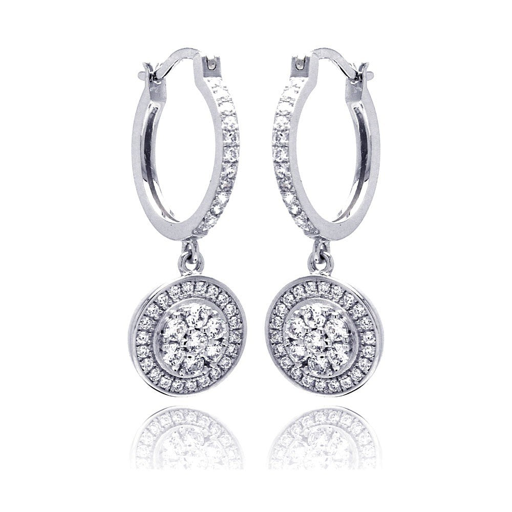 Sterling Silver Rhodium Plated Micro Pave Clear Round CZ Wire Dangling Huggie Earrings