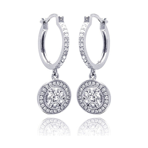 Sterling Silver Rhodium Plated Micro Pave Clear Round CZ Wire Dangling Huggie Earrings