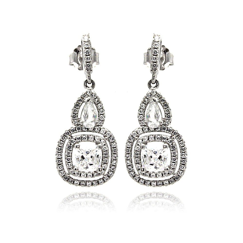 Sterling Silver Rhodium Plated Micro Pave Clear Teardrop Square Dangling Shaped Stud Earring With CZ Stones