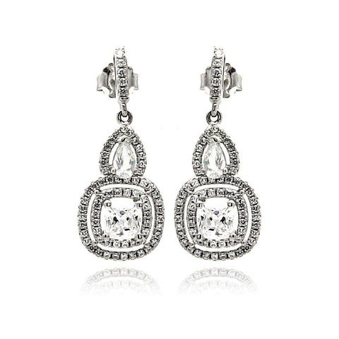 Sterling Silver Rhodium Plated Micro Pave Clear Teardrop Square Dangling Shaped Stud Earring With CZ Stones
