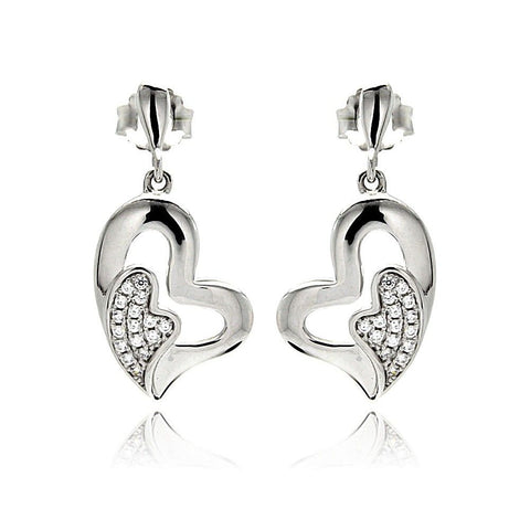 Sterling Silver Rhodium Plated Micro Pave Heart Inlay Dangling Earrings With CZ Stones