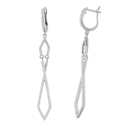 Sterling Silver Rhodium Plated Fancy Micro Pave Twisted Shaped U-Hoop Earring