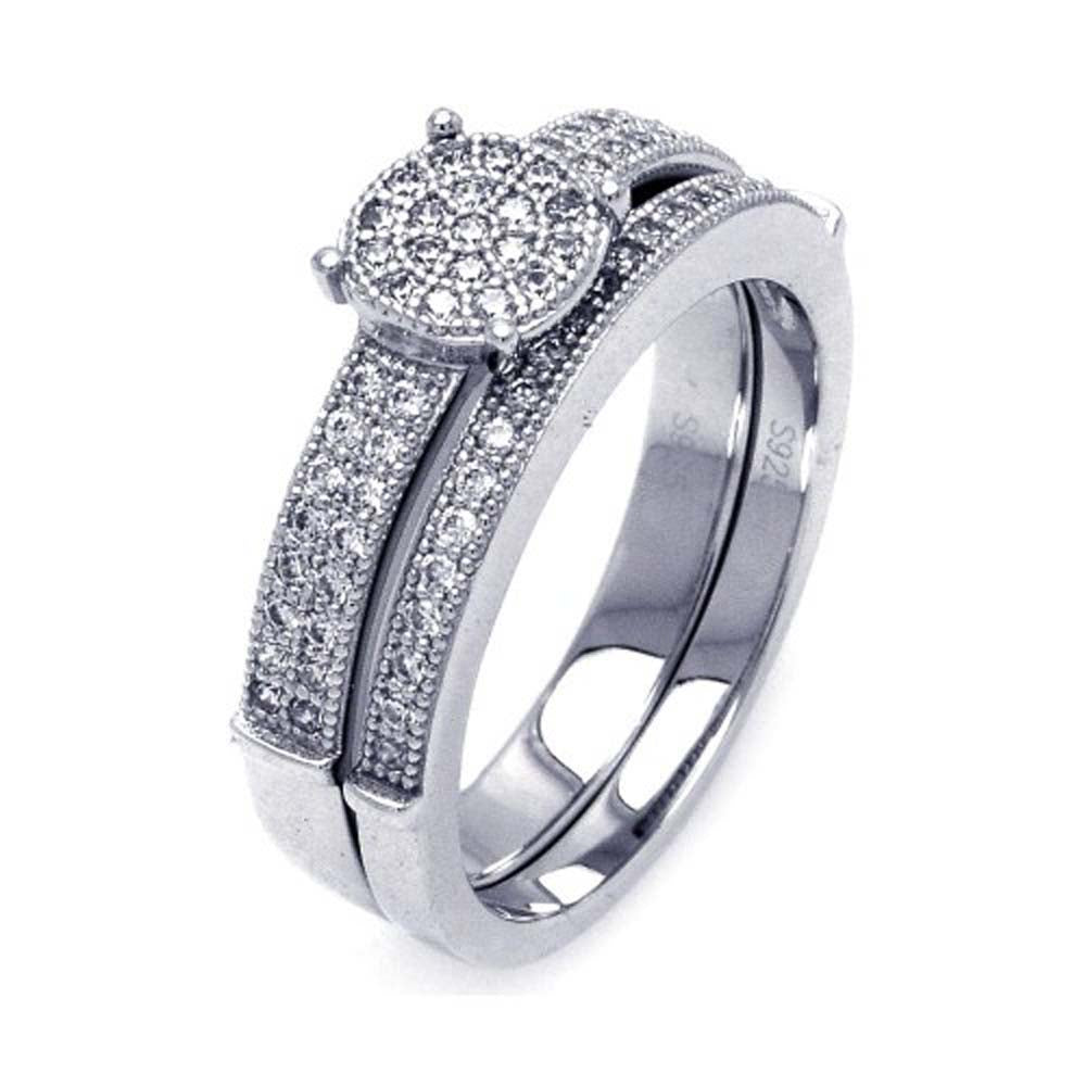 Sterling Silver Rhodium Plated Micro Pave CZ Bridal Wedding Ring Set